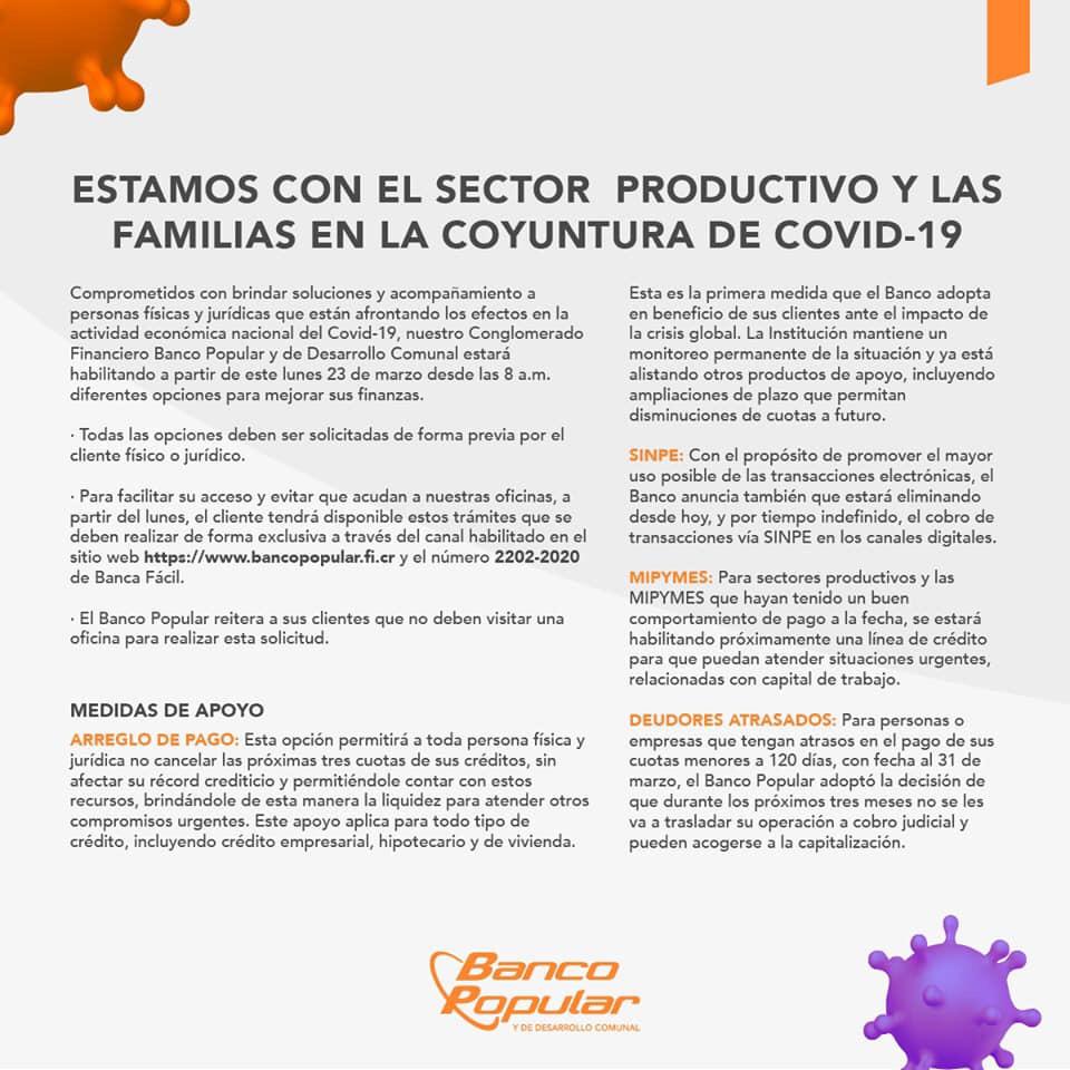 Conglomerado Financiero Banco Popular responde con acciones y planes de contingencia ante crisis de COVID-19