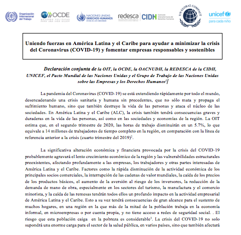 Uniendo fuerzas en América Latina y el Caribe para ayudar a minimizar la crisis del Coronavirus (COVID-19) y fomentar empresas responsables y sostenibles