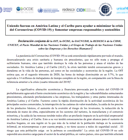  Uniendo fuerzas en América Latina y el Caribe para ayudar a minimizar la crisis del Coronavirus (COVID-19) y fomentar empresas responsables y sostenibles 