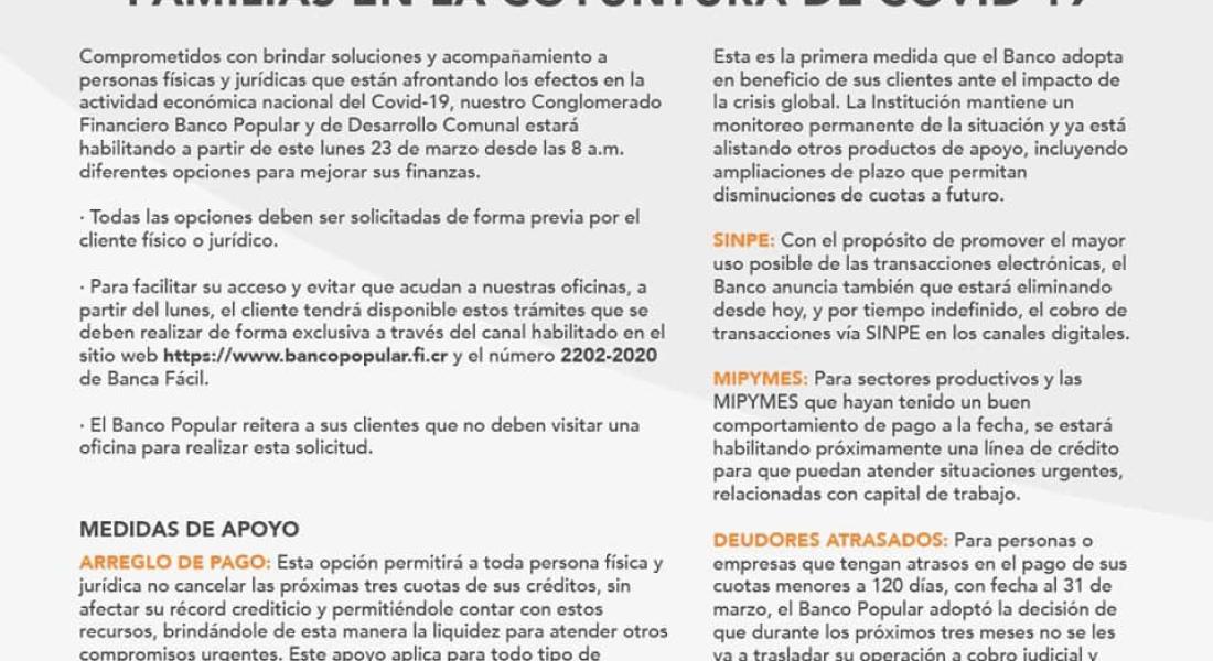 Conglomerado Financiero Banco Popular responde con acciones y planes de contingencia ante crisis de COVID-19