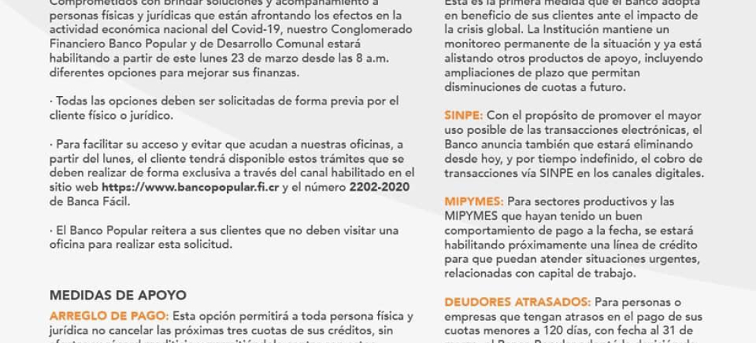 Conglomerado Financiero Banco Popular responde con acciones y planes de contingencia ante crisis de COVID-19